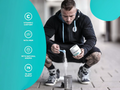 Man preparing a supplement shake with text on vitamin content and features.