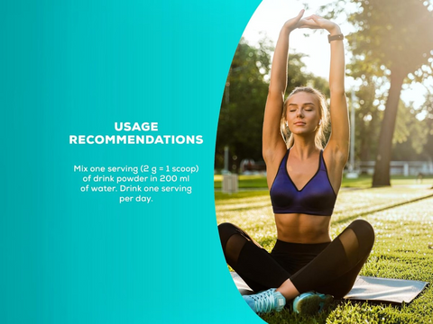 Woman stretching outdoors with fitness supplement usage recommendations on a teal overlay.