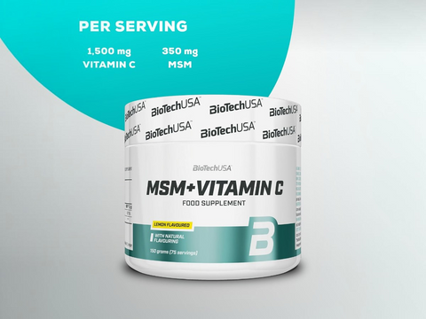 BiotechUSA MSM + Vitamin C supplement container on a light gray background