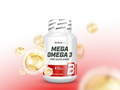 BiotechUSA Mega Omega 3 supplement bottle on a light pink background with gold elements.