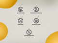 Certification icons for gluten-free, preservative-free, GMO-free, palm oil-free, and aspartame-free on a light background with yellow circles.