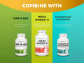 Three supplement bottles labeled 'One A Day', 'Mega Omega 3', and 'Chondroitin Glucosamine' on a green, yellow, and blue background respectively.