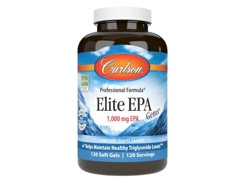 Carlson Elite EPA Gems 1,000 mg EPA Triglyceride Support 120 Softgels front bottle packaging showing product name and branding