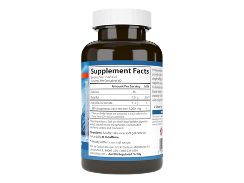 Carlson Elite EPA Gems 1,000 mg EPA Triglyceride Support 120 Softgels side bottle packaging with key benefits detail