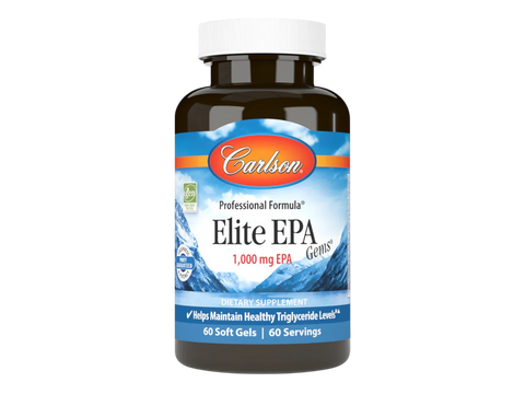 Carlson Elite EPA Gems 1,000 mg EPA Triglyceride Support 60 Softgels front bottle packaging showing product name and branding