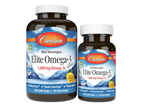 Carlson Elite Omega-3 Gems 1,600 mg EPA/DHA Lemon Flavour 120 Softgels front bottle packaging showing product name and branding