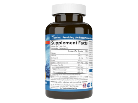 Carlson Elite Omega-3 Gems 1,600 mg EPA/DHA Lemon Flavour 120 Softgels side bottle packaging with key benefits detail