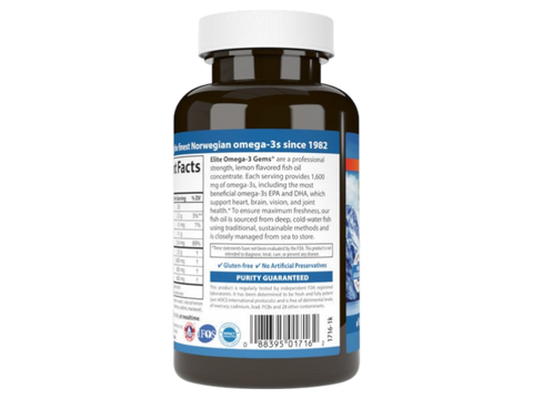 Carlson Elite Omega-3 Gems 1,600 mg EPA/DHA Lemon Flavour 120 Softgels product barcode on bottle packaging
