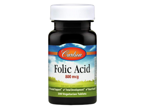 Carlson Folic Acid 800 mcg Cellular Health & Energy Support 300 Vegetarian Tablets front bottle packaging showing product name and branding