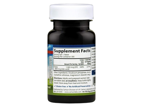 Carlson Folic Acid 800 mcg Cellular Health & Energy Support 300 Vegetarian Tablets side bottle packaging with key benefits detail