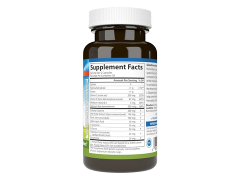 Carlson Glutathione Booster Alpha Lipoic Acid + Antioxidant Complex 180 Capsules side bottle packaging with key benefits detail