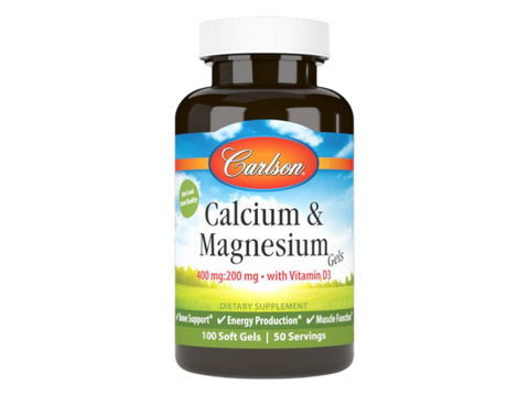 Carlson Labs Calcium & Magnesium Gels 400 mg Calcium 200 mg Magnesium + Vitamin D3 Soft Gels front bottle packaging showing product name and branding