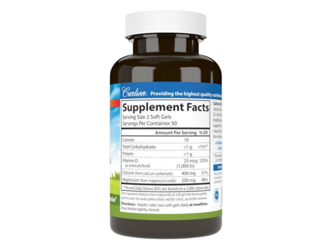 Carlson Labs Calcium & Magnesium Gels 400 mg Calcium 200 mg Magnesium + Vitamin D3 Soft Gels side bottle packaging with key benefits detail