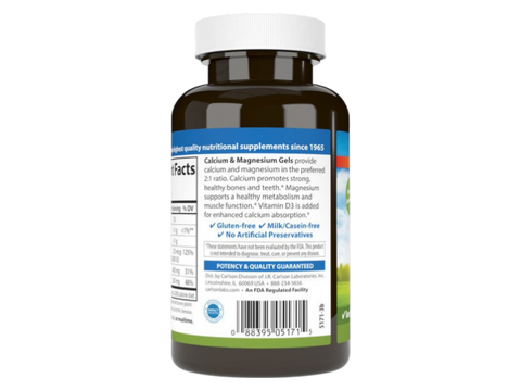 Carlson Labs Calcium & Magnesium Gels 400 mg Calcium 200 mg Magnesium + Vitamin D3 Soft Gels product barcode on bottle packaging