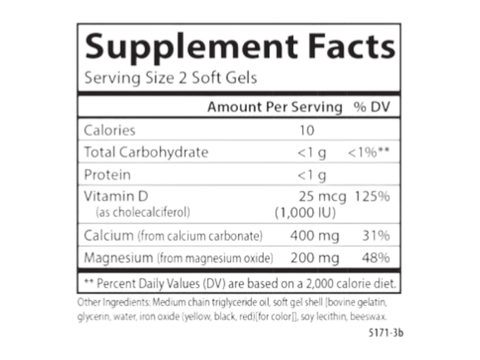 Carlson Labs Calcium & Magnesium Gels 400 mg Calcium 200 mg Magnesium + Vitamin D3 Soft Gels supplement facts panel