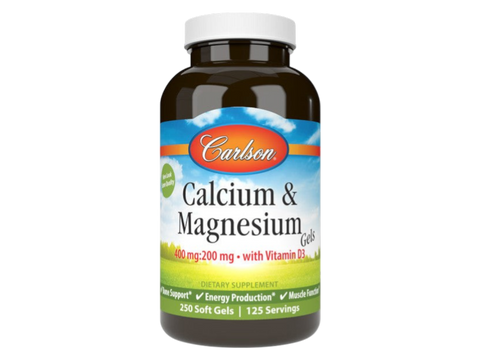 Carlson Labs Calcium & Magnesium Gels 400 mg Calcium 200 mg Magnesium + Vitamin D3 Soft Gels front bottle packaging showing product name and branding