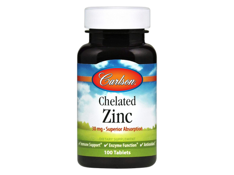Carlson Labs Chelated Zinc 30 mg Immune Support 100 Tablets front bottle packaging showing product name and branding