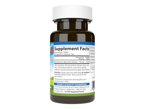 Carlson Labs Chelated Zinc 30 mg Immune Support 100 Tablets supplement facts panel