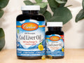 Carlson Labs Cod Liver Oil Gems 460 mg Omega-3s + Vitamins A & D3 180 Softgels close up of softgels next to bottle
