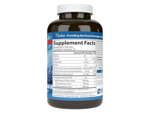 Carlson Labs Cod Liver Oil Gems 460 mg Omega-3s + Vitamins A & D3 180 Softgels side bottle packaging with key benefits detail