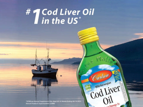 Carlson Labs Cod Liver Oil Gems 460 mg Omega-3s + Vitamins A & D3 180 Softgels front bottle packaging showing product name and branding