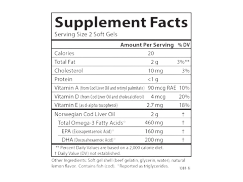 Carlson Labs Cod Liver Oil Gems 460 mg Omega-3s + Vitamins A & D3 180 Softgels supplement facts panel