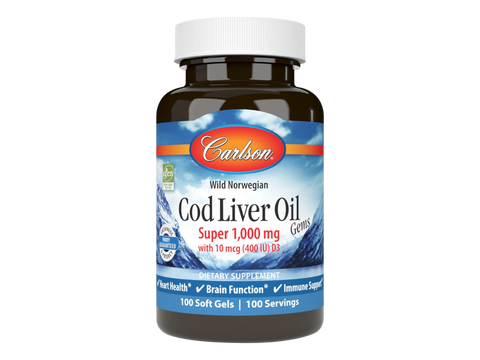 Carlson Labs Cod Liver Oil Gems Super 1,000 mg + Vitamin D3 Softgels front bottle packaging showing product name and branding