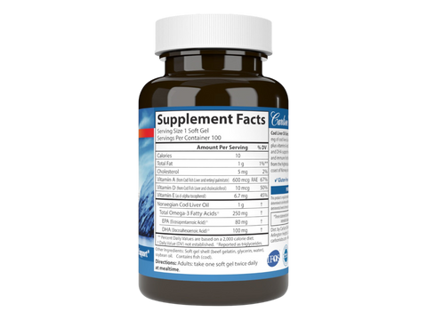 Carlson Labs Cod Liver Oil Gems Super 1,000 mg + Vitamin D3 Softgels side bottle packaging with key benefits detail