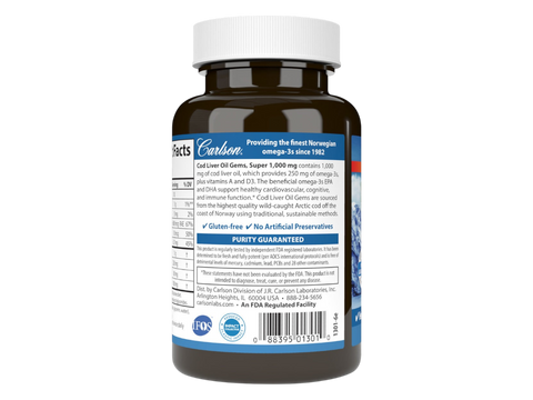 Carlson Labs Cod Liver Oil Gems Super 1,000 mg + Vitamin D3 Softgels product barcode on bottle packaging
