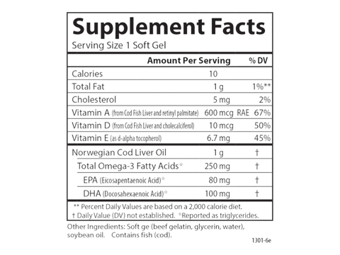 Carlson Labs Cod Liver Oil Gems Super 1,000 mg + Vitamin D3 Softgels supplement facts panel