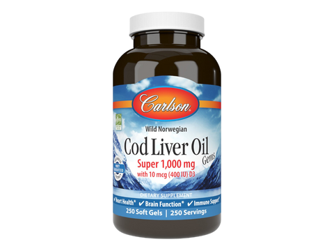 Carlson Labs Cod Liver Oil Gems Super 1,000 mg + Vitamin D3 Softgels front bottle packaging showing product name and branding