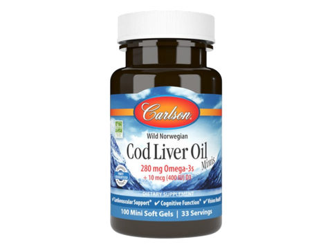 Carlson Labs Cod Liver Oil Minis 280 mg Omega-3 + 400 IU Vitamin D3 100 Mini Softgels front bottle packaging showing product name and branding