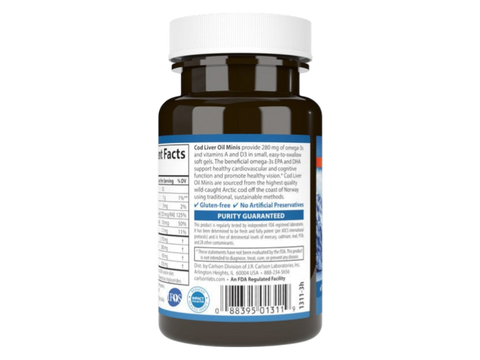 Carlson Labs Cod Liver Oil Minis 280 mg Omega-3 + 400 IU Vitamin D3 100 Mini Softgels product barcode on bottle packaging