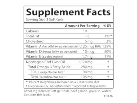 Carlson Labs Cod Liver Oil Minis 280 mg Omega-3 + 400 IU Vitamin D3 100 Mini Softgels supplement facts panel