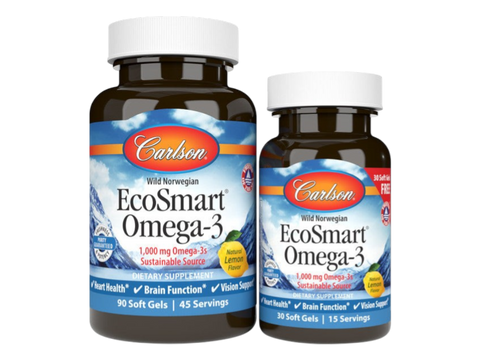 Carlson Labs EcoSmart Omega-3 1,000 mg Lemon Flavour 120 Softgels front bottle packaging showing product name and branding