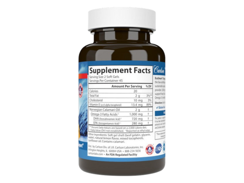 Carlson Labs EcoSmart Omega-3 1,000 mg Lemon Flavour 120 Softgels side bottle packaging with key benefits detail