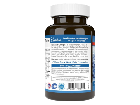 Carlson Labs EcoSmart Omega-3 1,000 mg Lemon Flavour 120 Softgels product barcode on bottle packaging