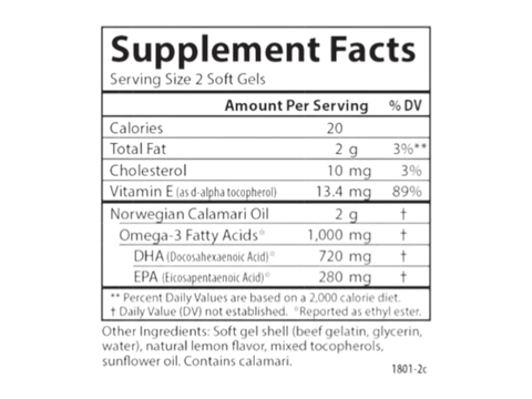 Carlson Labs EcoSmart Omega-3 1,000 mg Lemon Flavour 120 Softgels supplement facts panel