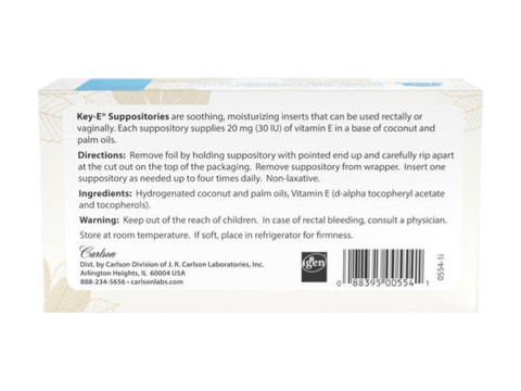Carlson Labs Key-E Suppositories Vitamin E Soothing Inserts product barcode on box packaging