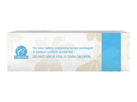 Carlson Labs Key-E Suppositories Vitamin E Soothing Inserts angled box close up showing label text
