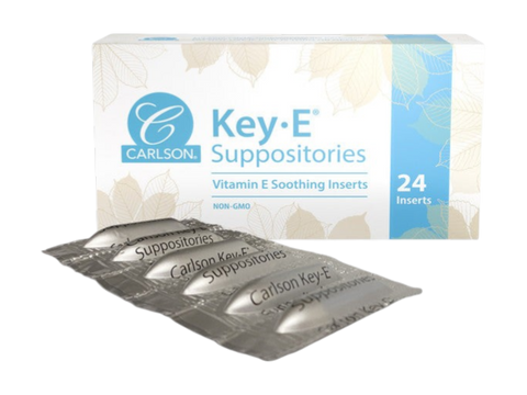 Carlson Labs Key-E Suppositories Vitamin E Soothing Inserts close up of suppository inserts next to box