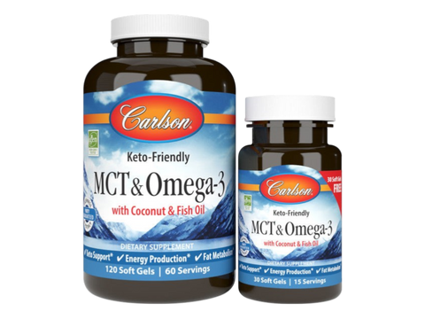 Carlson Labs MCT & Omega-3 Keto-Friendly Coconut & Fish Oil 150 Softgels front bottle packaging showing product name and branding