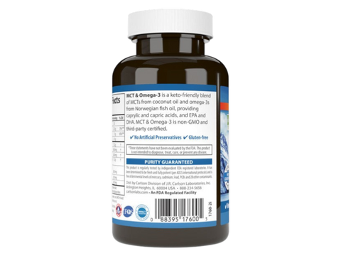 Carlson Labs MCT & Omega-3 Keto-Friendly Coconut & Fish Oil 150 Softgels product barcode on bottle packaging