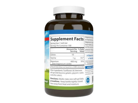 Carlson Labs Magnesium Gels 400 mg Softgels side bottle packaging with key benefits detail