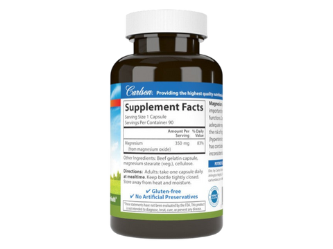 Carlson Labs Magnesium 350 mg 180 Capsules side bottle packaging with key benefits detail