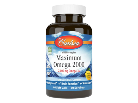 Carlson Labs Maximum Omega 2000 2,000 mg Omega-3s Lemon Flavour Softgels front bottle packaging showing product name and branding