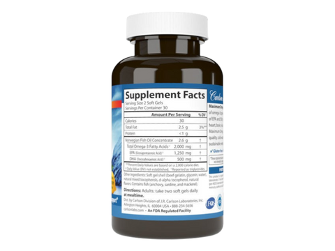 Carlson Labs Maximum Omega 2000 2,000 mg Omega-3s Lemon Flavour Softgels side bottle packaging with key benefits detail