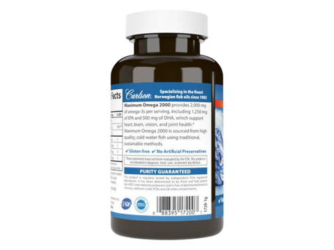 Carlson Labs Maximum Omega 2000 2,000 mg Omega-3s Lemon Flavour Softgels product barcode on bottle packaging