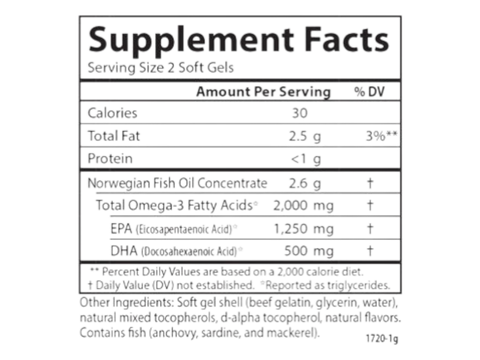 Carlson Labs Maximum Omega 2000 2,000 mg Omega-3s Lemon Flavour Softgels supplement facts panel