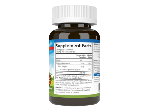 Carlson Labs Melatonin Gummies 2.5 mg Vegetarian Gummies side bottle packaging with key benefits detail